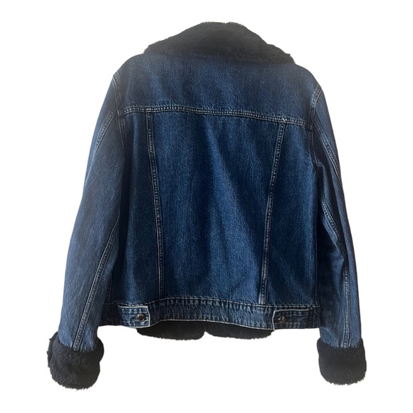 Good American Dark Denim Jacket Faux Fur Trim size Large (3) - Picture 4 of 11